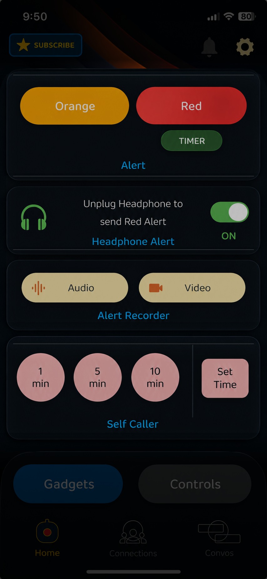 The Zich app, showing Alert, Headphone Alert, Alert Recorder and Self Caller controls